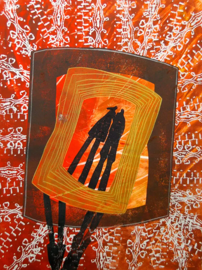 red orange and white background framing two people silhouettes